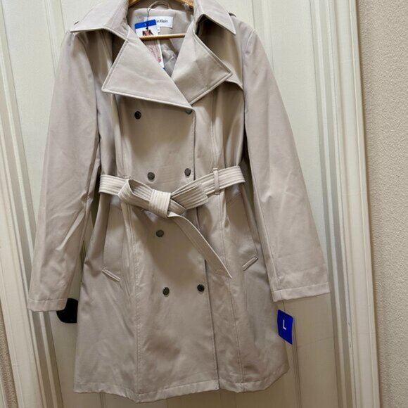 New Calvin Klein Rain Jacket Women's Size L Beige Double Breasted Removable Hood - Picture 1 of 14
